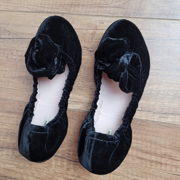 Miu Miu Prada Black Velvet leather lined Ballerina bow Flats 37 USA 6.5 - Picture 3 of 16